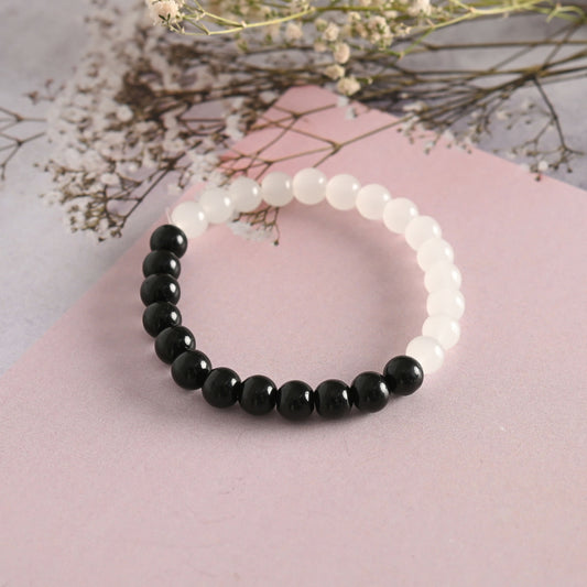 NVR Men & Women Black & White Marbel Crystal Elasticated Bracelet - Swadesiicart