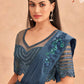 Navy Blue Satin Embroidered Ready To Wear Saree With Unstitched Blouse Piece - Nandika | Swadesiicart