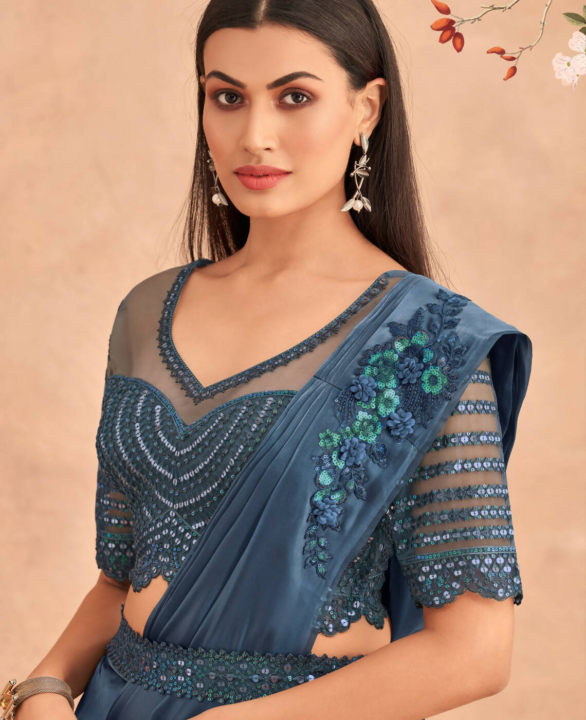 Navy Blue Satin Embroidered Ready To Wear Saree With Unstitched Blouse Piece - Nandika | Swadesiicart
