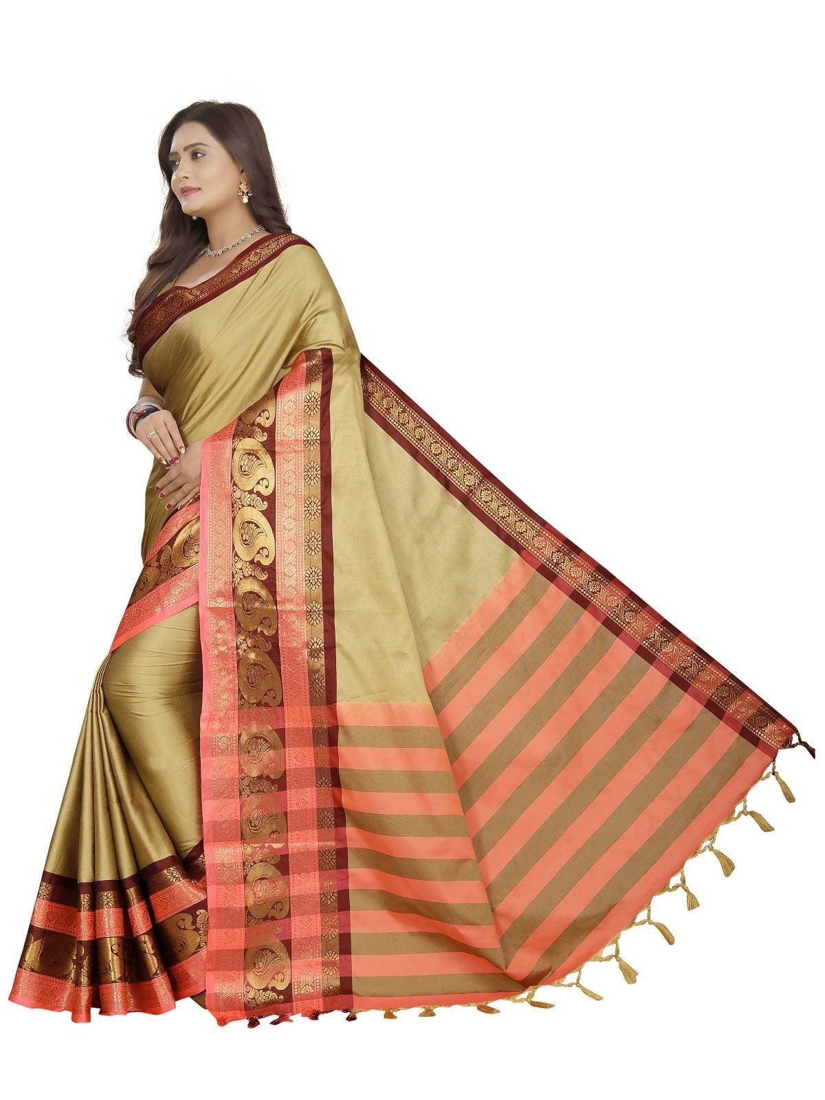 Vamika Banarasi Silk Cream Weaving Saree | Swadesiicart