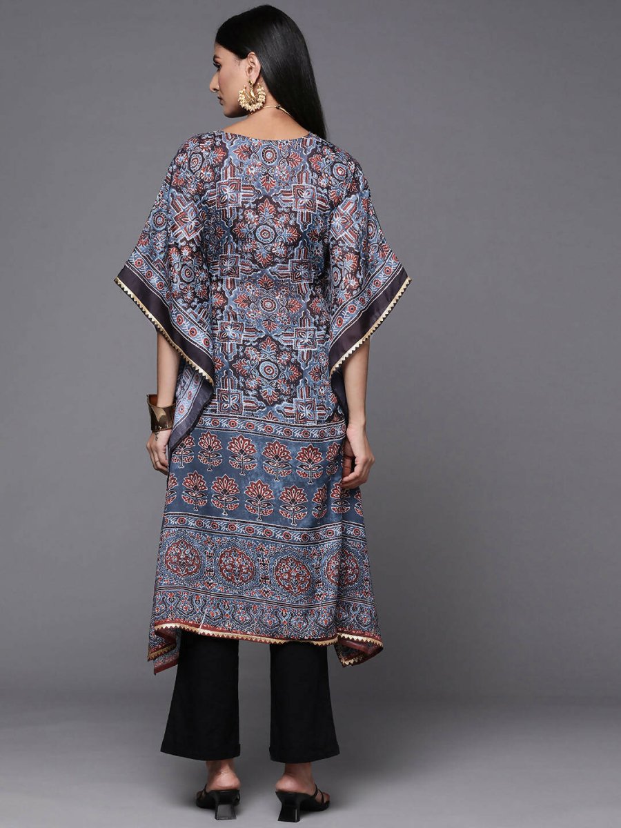 Ahalyaa Navy Blue & Maroon Floral Print Kaftan Kurta | Swadesiicart