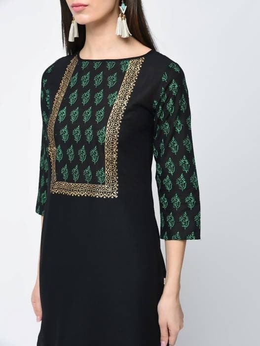 Aniyah Cotton Block Printed Black Straight Kurta (AN-131K) - Swadesiicart