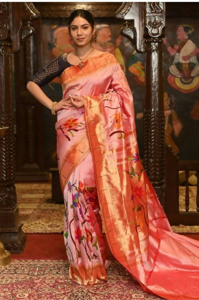 Very Much Indian Pure Silk Intricately Woven Handloom Paithani-Pretty Peach | Swadesiicart