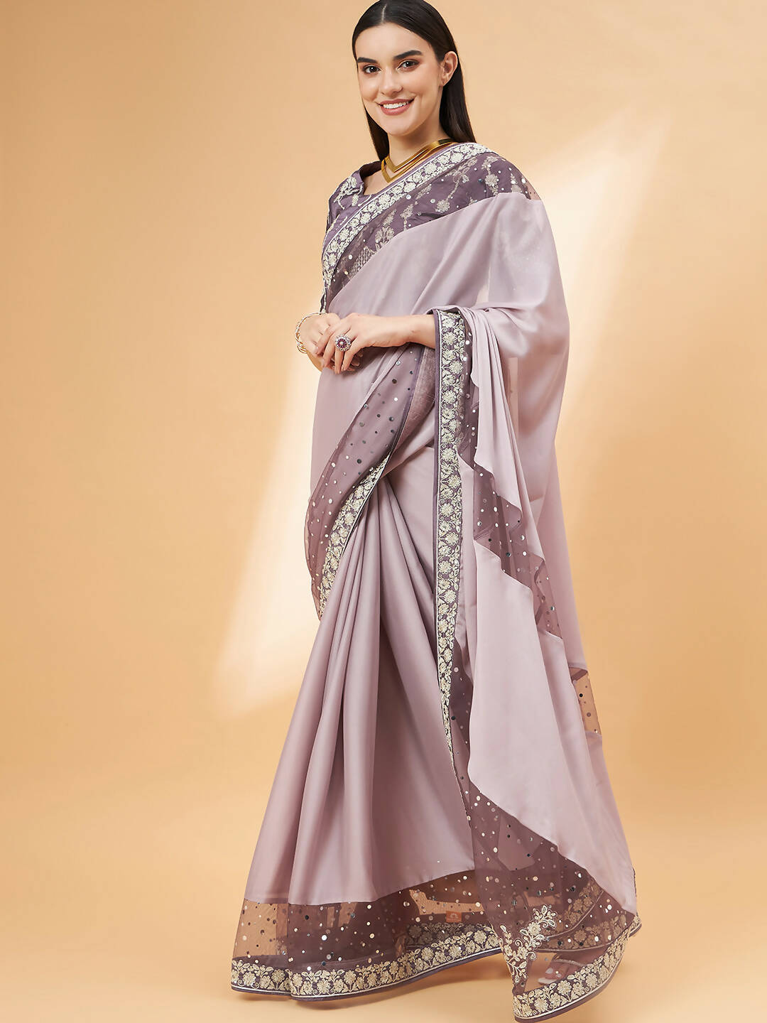 Mauve Silk Georgette Ribbon Embroidery Saree - Norita Hit Design - Swadesiicart