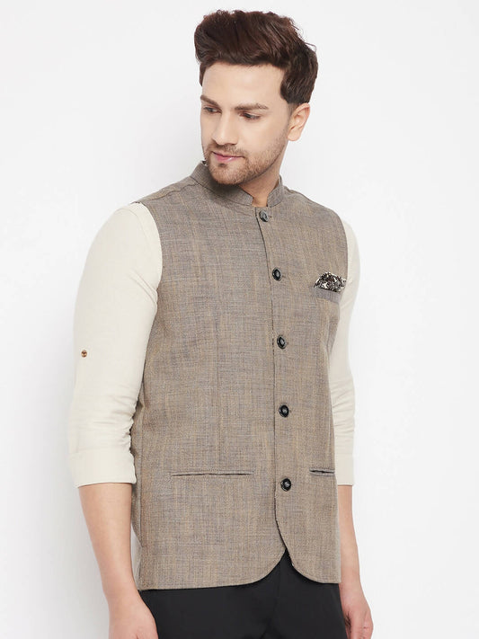 Even Apparels Brown Linen Men Woven Nehru Jacket | Swadesiicart