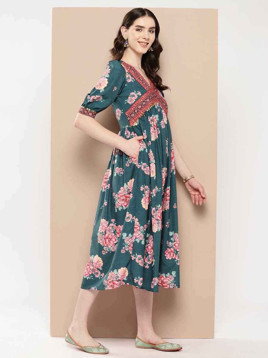 Ahalyaa Women Floral Printed Empire Ethnic Dress | Swadesiicart