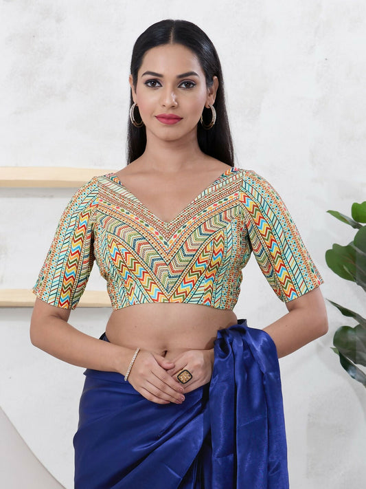 Joban Fashion Pista-Green Shift Elbow Sleeveless Back Open Blouse - Swadesiicart