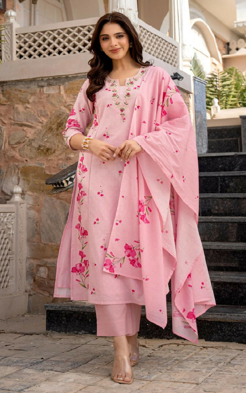 The52 Pink Women's Beautiful Chanderi Fabric Printed Work Straight Kurta Pant and Dupatta Set - Swadesiicart