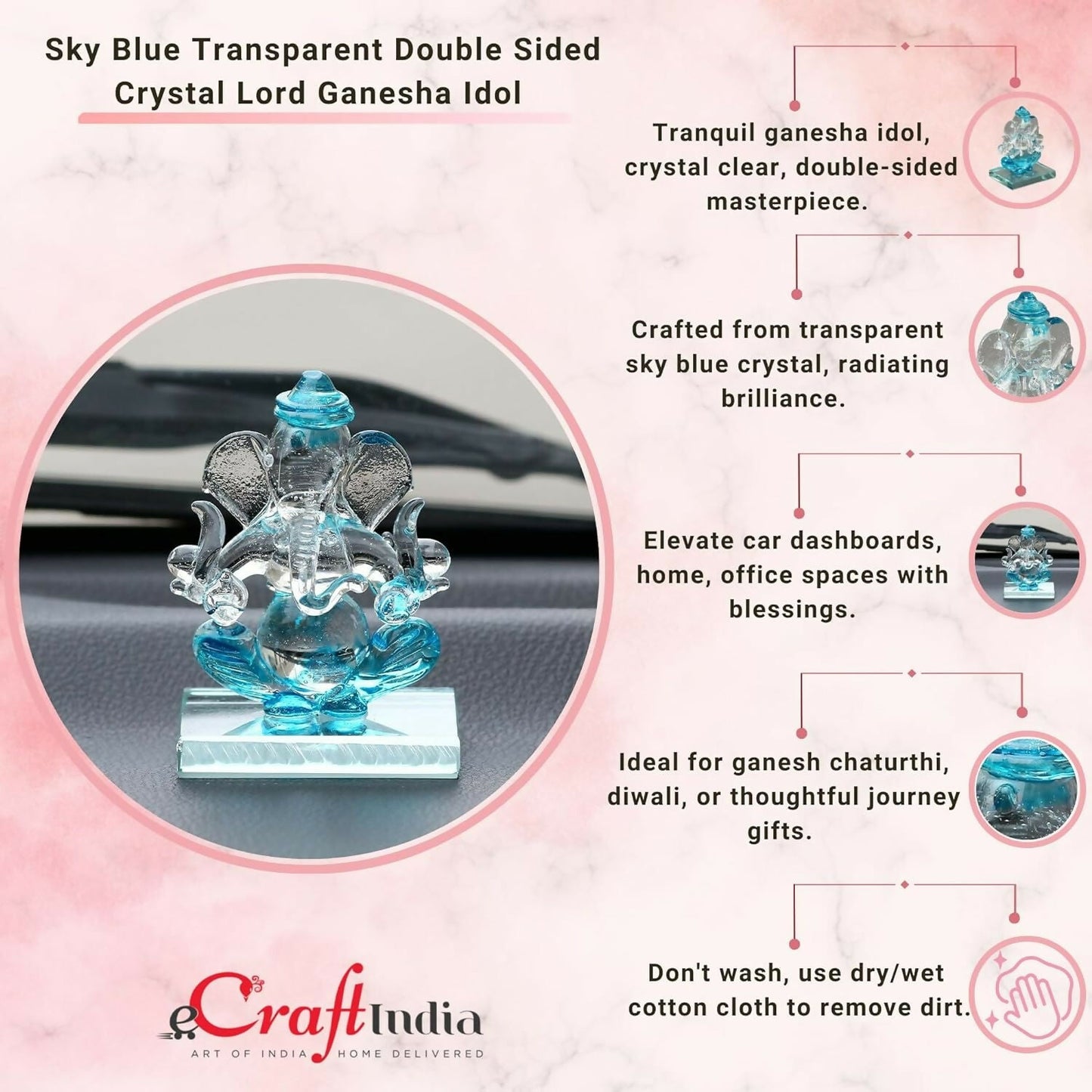 eCraftIndia SkyBlue and Transparent Double Sided Crystal Car Ganesha Showpiece - Swadesiicart