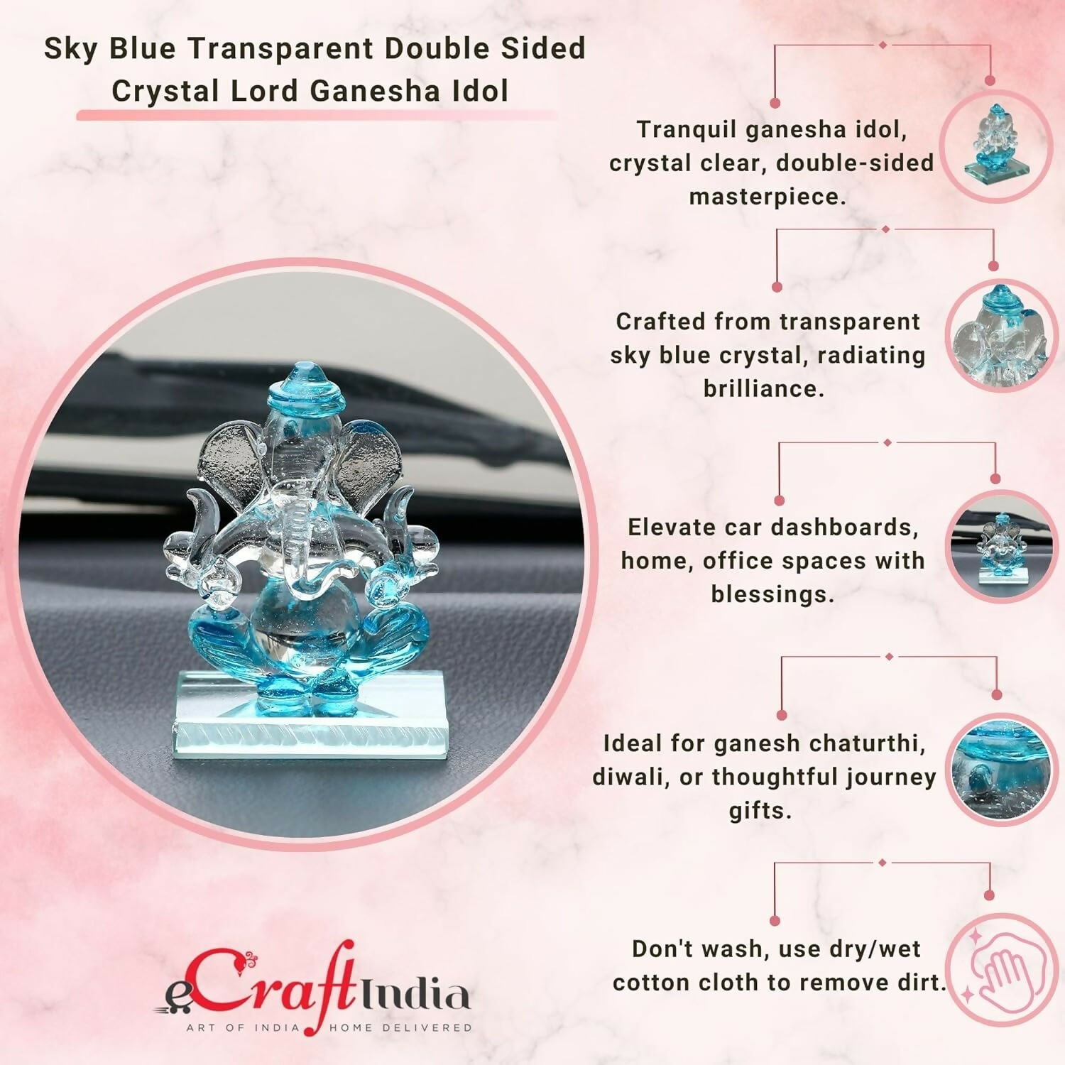 eCraftIndia SkyBlue and Transparent Double Sided Crystal Car Ganesha Showpiece - Swadesiicart