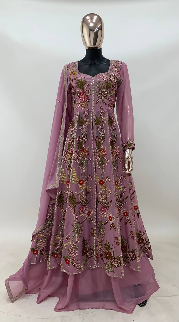 Lorenvalley Fashion Pink Viscose Silk Embroidery Work Gown Skirt Stitched | Swadesiicart