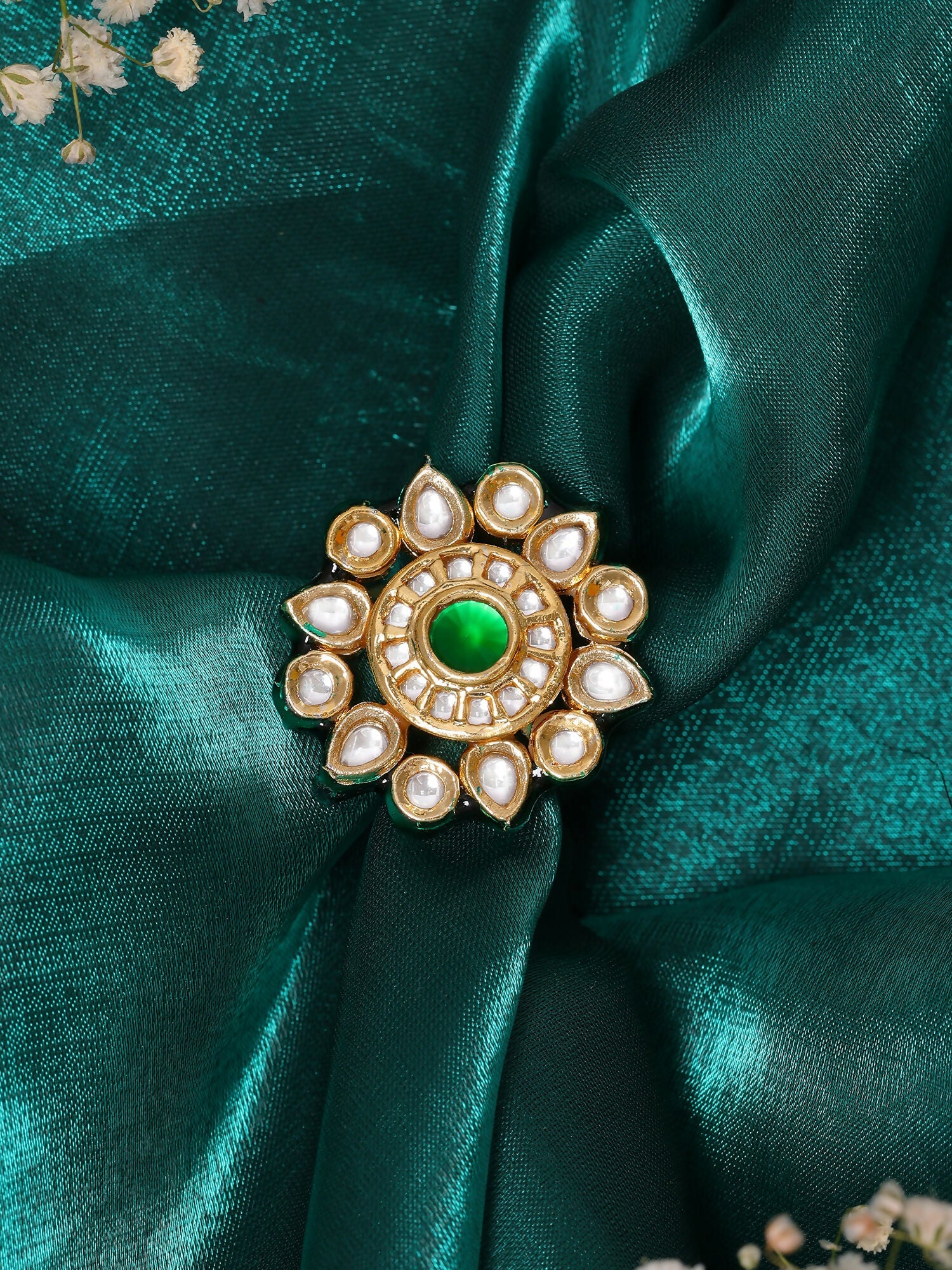 Ruby Raang Gold Polished Green Kundan Ring | Swadesiicart