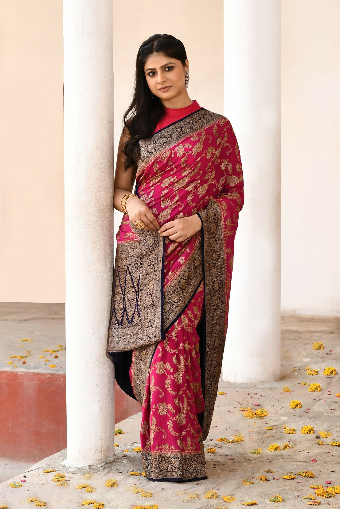 Joban Fashion Hot Pink Crepe Chiffon Pure Handloom Banarasi Silk Saree | Swadesiicart
