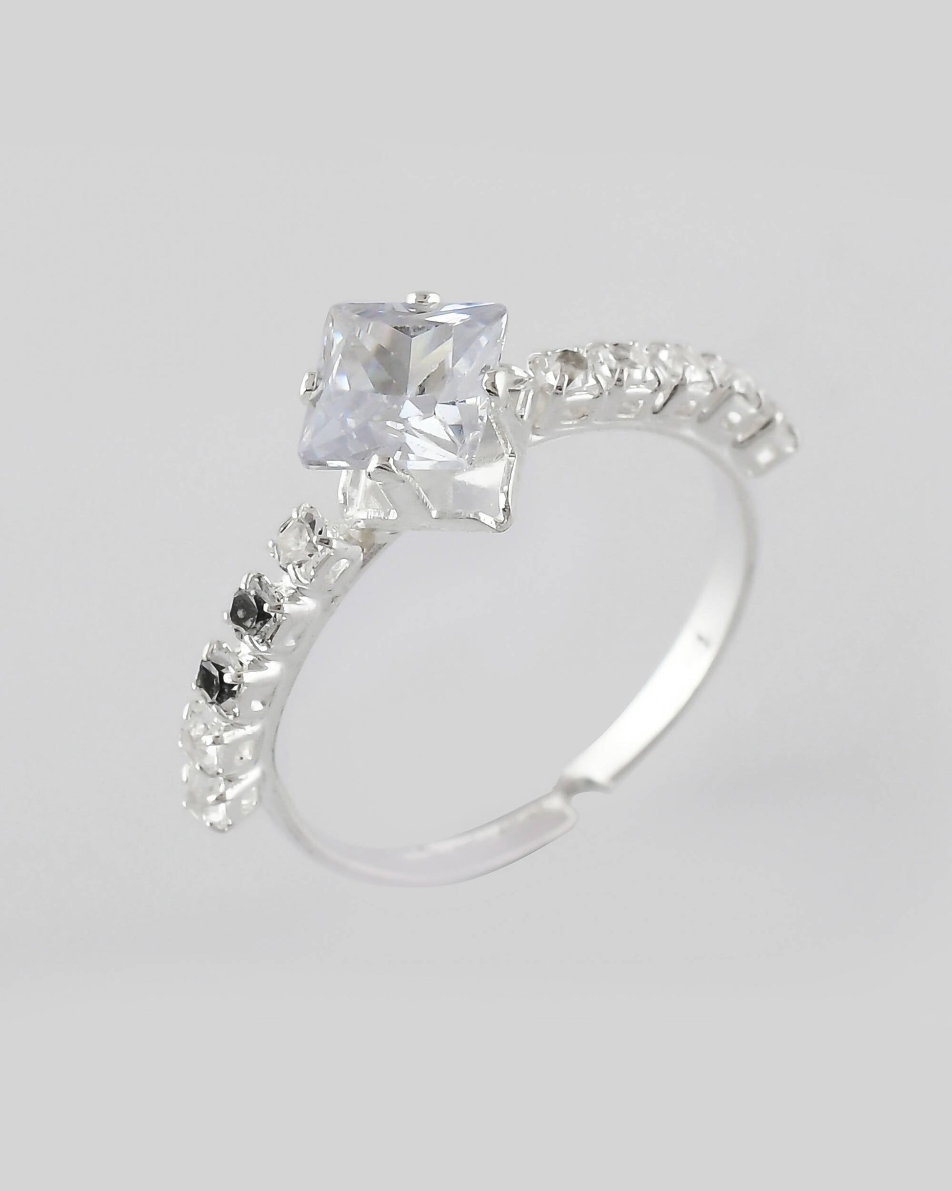 VOJ white CZ-detail Stainless Steel Cubic Zirconia Silver Plated Adjustable Finger Ring | Swadesiicart