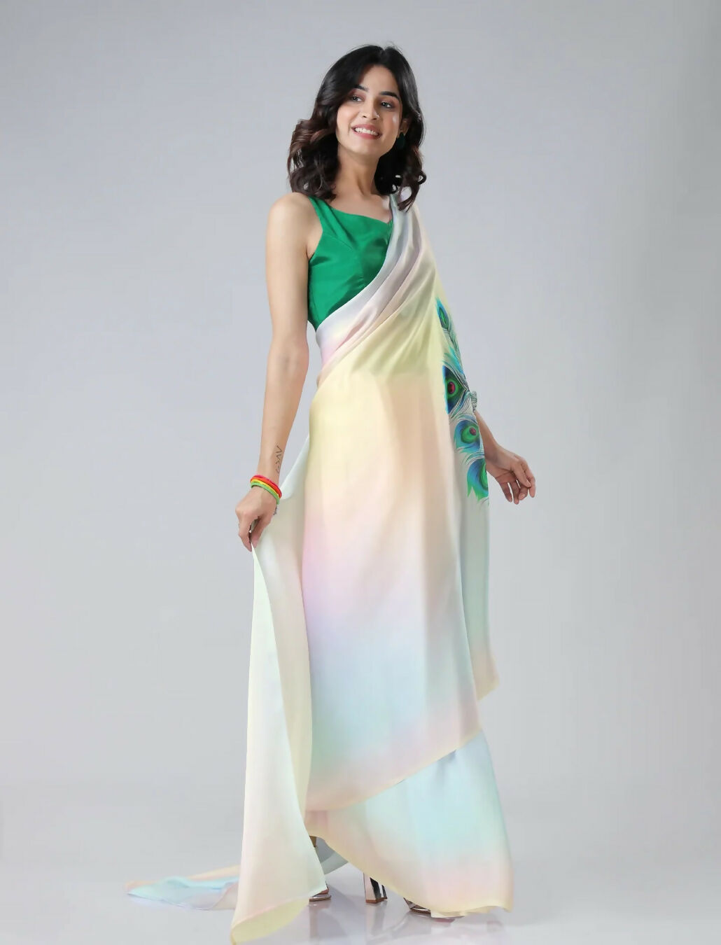 Vastranavya Pastel Rainbow Freehand Peacock Feather Print Ready to Wear Saree | Swadesiicart