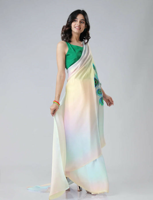 Vastranavya Pastel Rainbow Freehand Peacock Feather Print Ready to Wear Saree | Swadesiicart