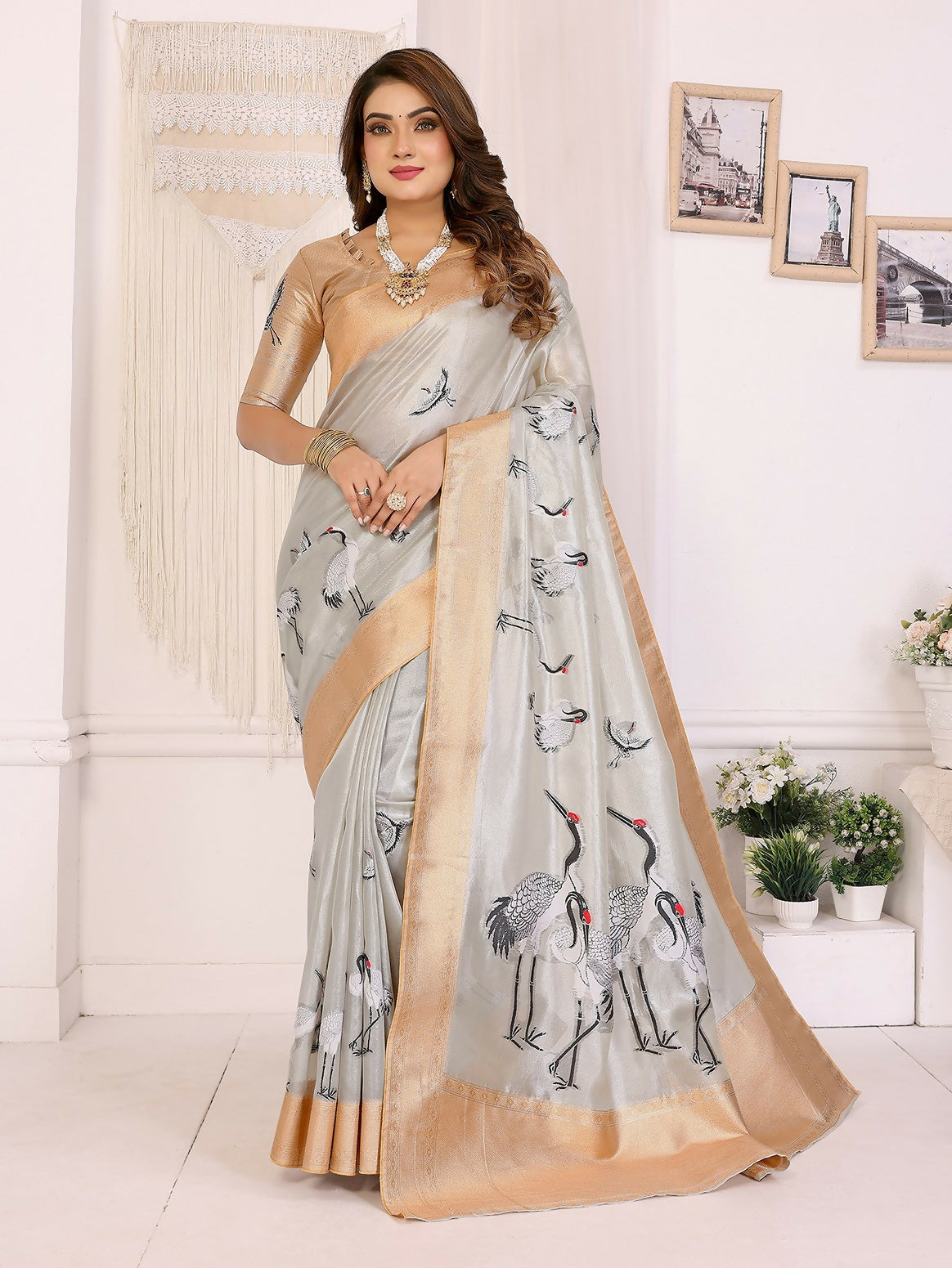 Joban Fashion Golden Cranes Patterns Banarasi Silk Sarees | Swadesiicart