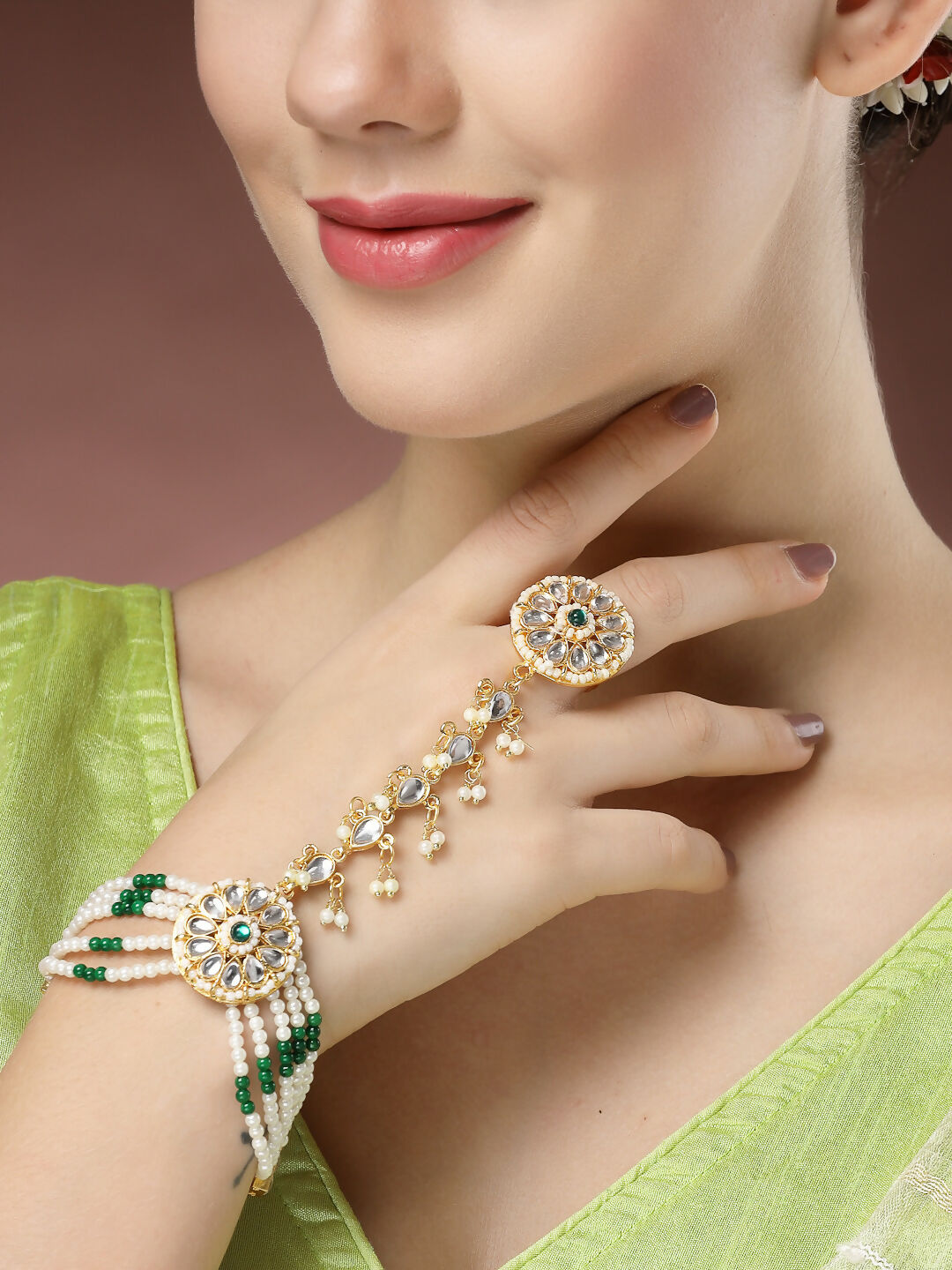 NVR Women's Green Gold-Polished Stone Studded Handcrafted Ring Bracelet - Swadesiicart