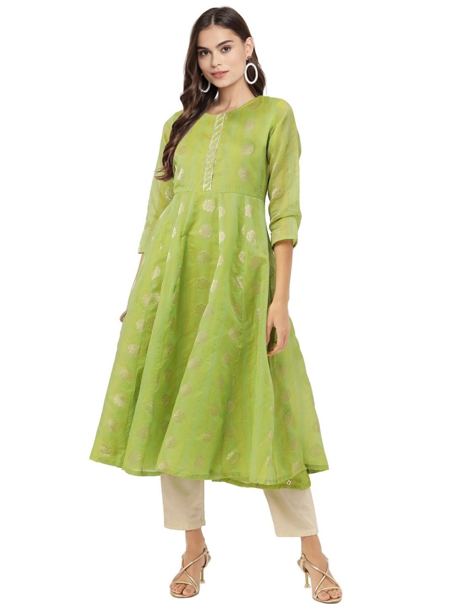 Ahalyaa Women Green Chanderi Jacquard Woven Dress | Swadesiicart