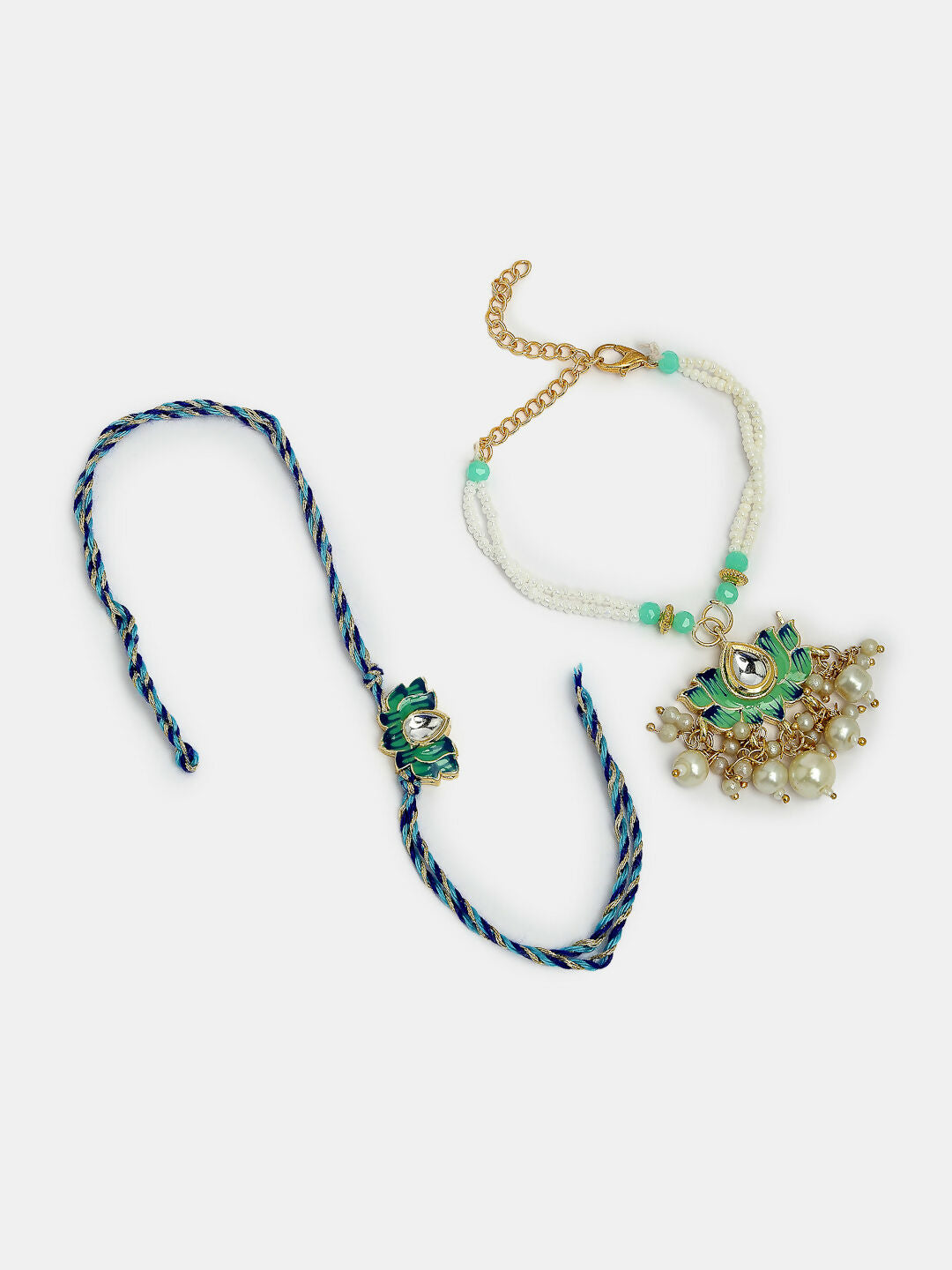 NVR Women & Men Set of 2 Turquoise Blue Lotus Shape Kundan-Studded & Beaded Rakhi Set With Roli Chawal & Chocolate | Swadesiicart