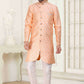Raivat Ethnic Banarasi Jacquard Embroidery Semi Indo Western Sherwani In Peach Colour | Swadesiicart
