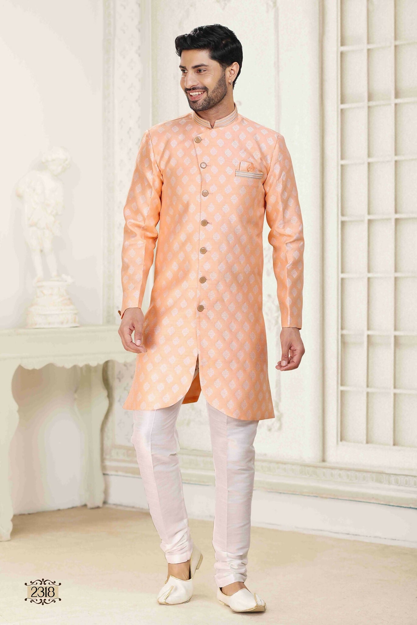 Raivat Ethnic Banarasi Jacquard Embroidery Semi Indo Western Sherwani In Peach Colour | Swadesiicart
