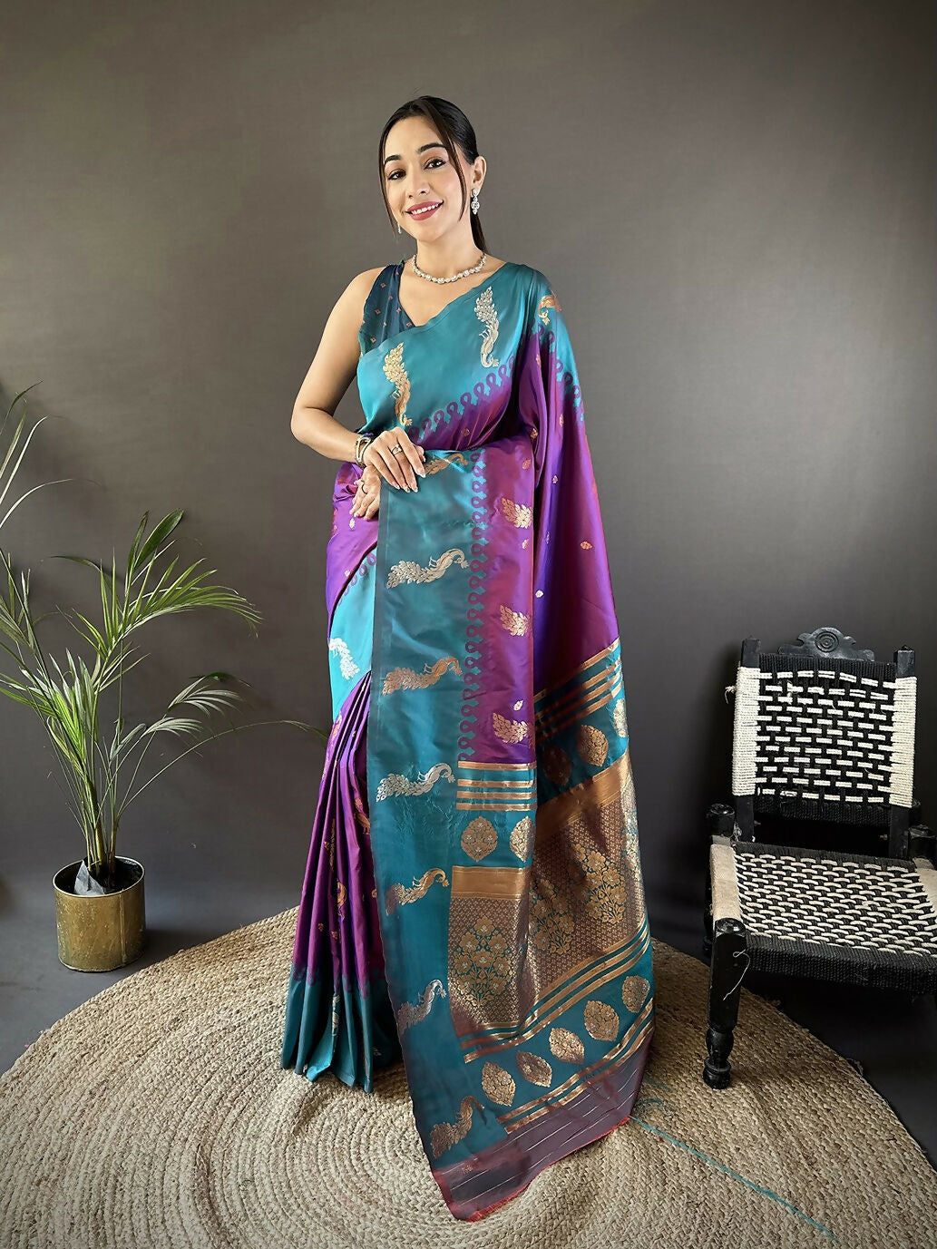 Joban Fashion Teal Peacock,Butti Banarasi Silk Sarees | Swadesiicart