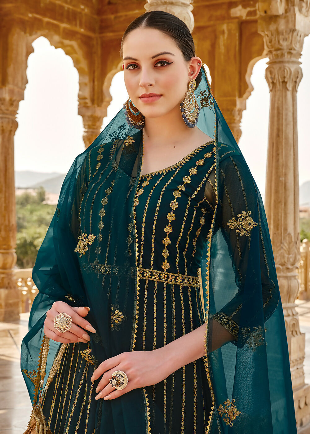 Heavy Stone Embroidered Peacock Blue Designer Anarkali Suit - Emponline | Swadesiicart