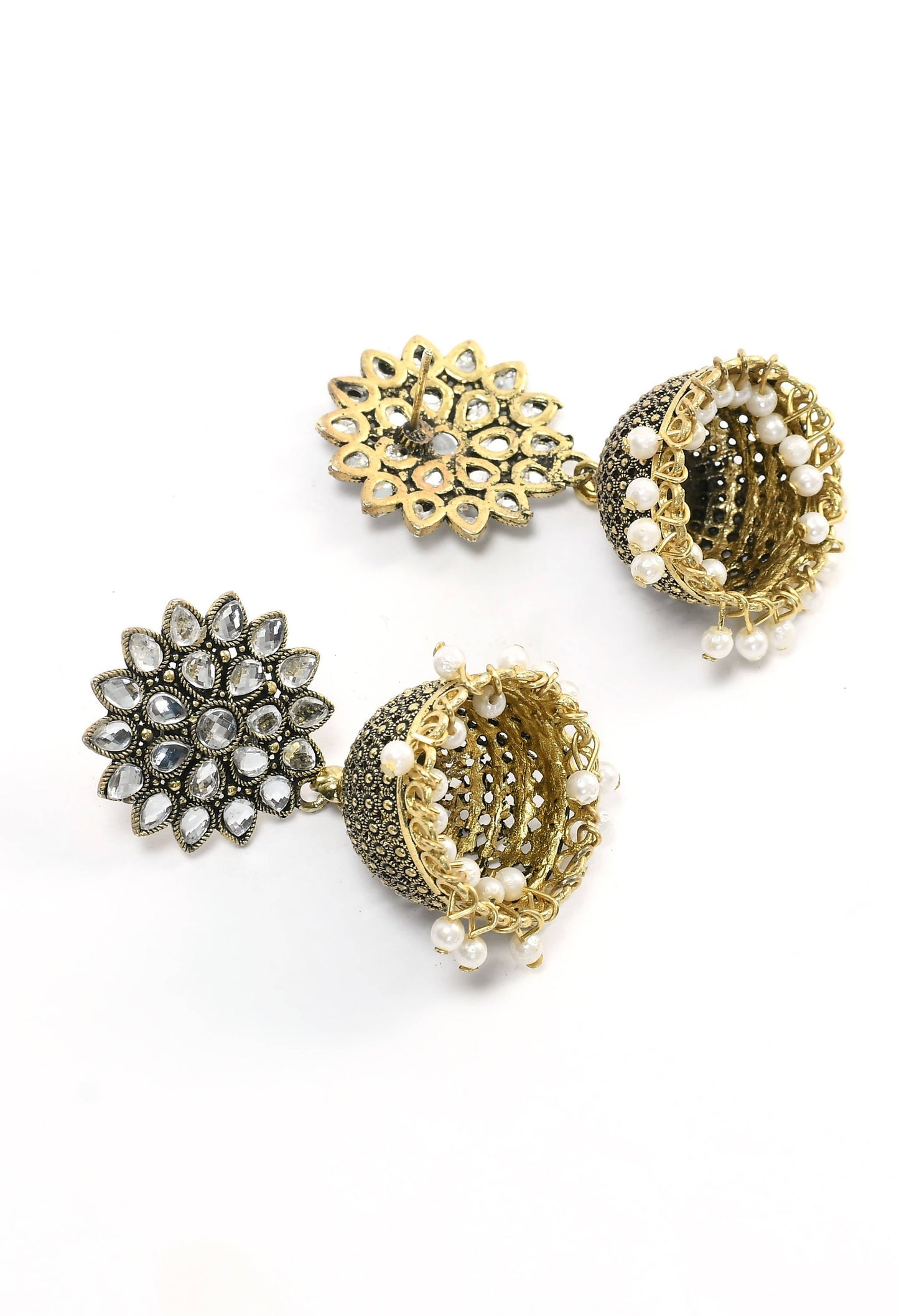Mominos Fashion Johar Kamal Beautiful Kundan Work Jhumka With White Beads - Swadesiicart