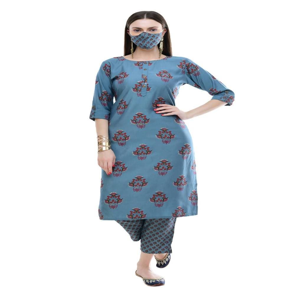 Lagi Women's Turquoise Blue Printed Straight Kurta & Pant (MC39A) | Swadesiicart