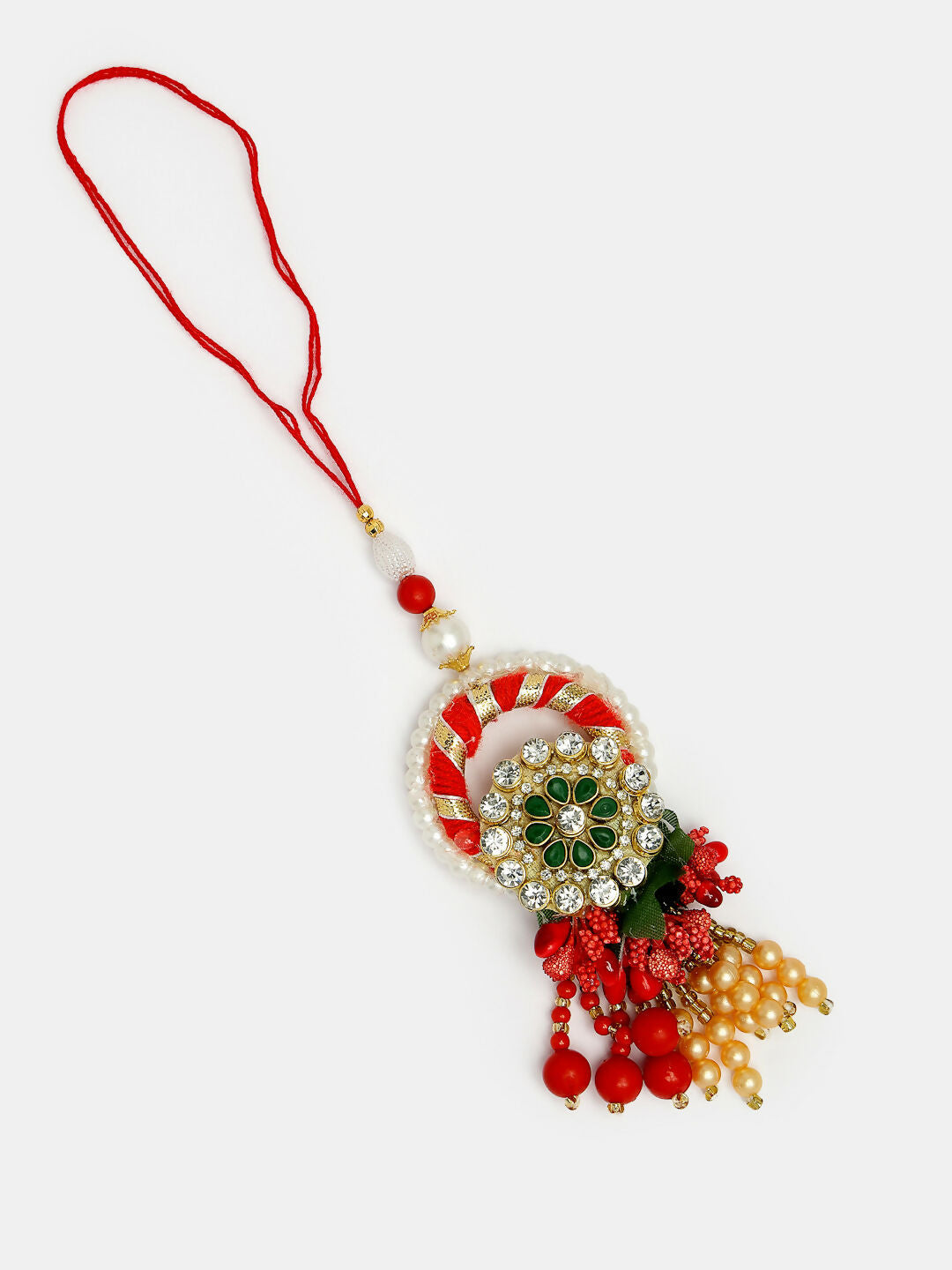 NVR Women & Men Set of 2 Red & Gold Toned Stone-Studded & Beaded Bhaiya Bhabhi Rakhi With Roli Chawal & Chocolate | Swadesiicart