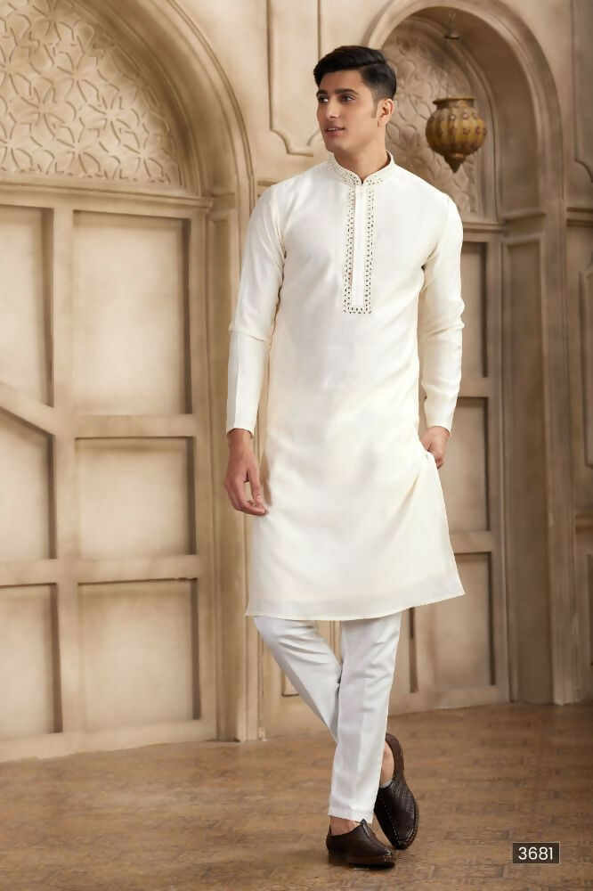 Raivat Ethnic Banarasi Art Silk Mirror Work Kurta Pajama In Cream Colour | Swadesiicart