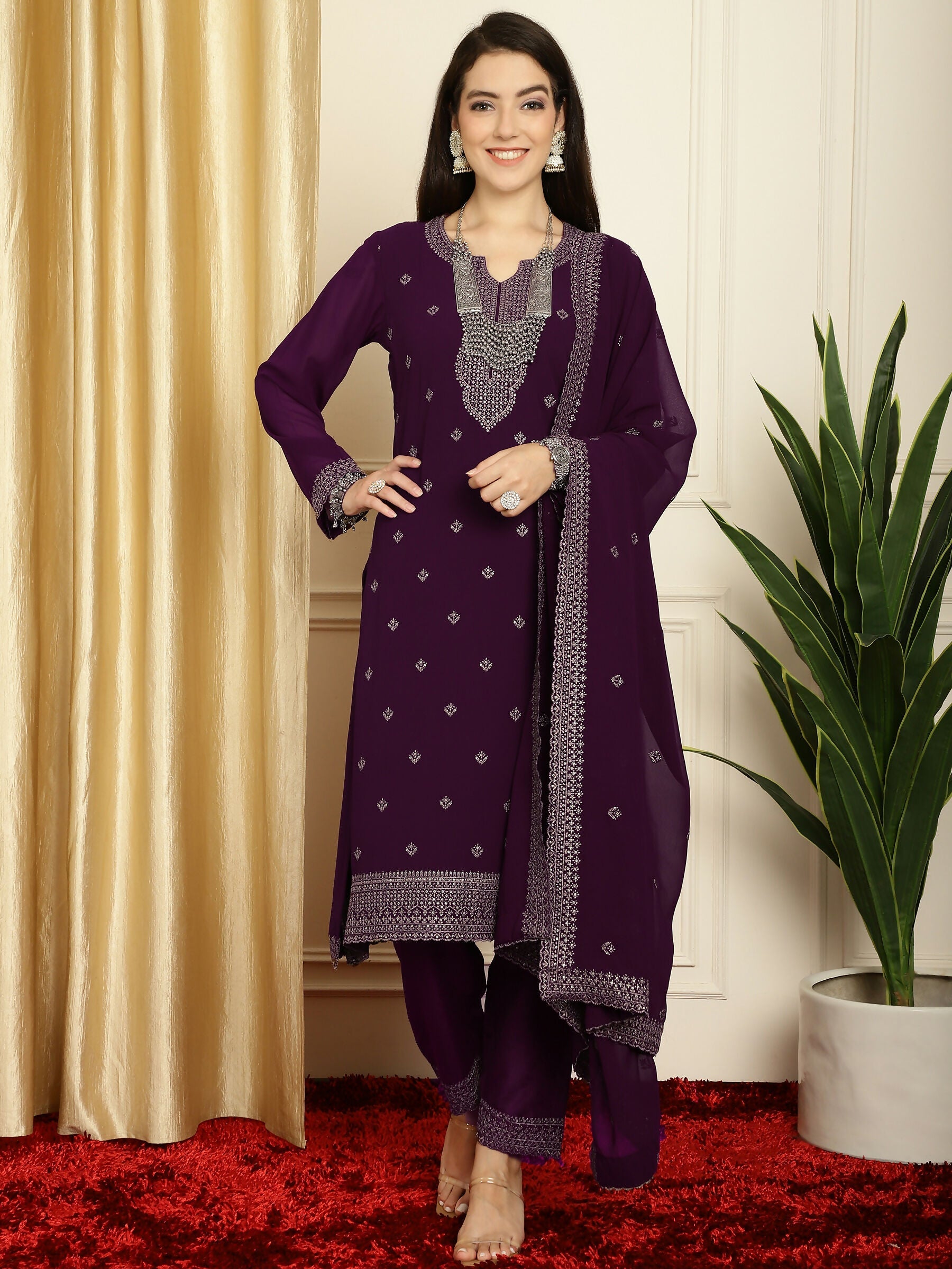 Jyoti Fashion Women's Burgundy Georgette Resham Thread & Sequin Kurta with Trouser & Dupatta | Swadesiicart