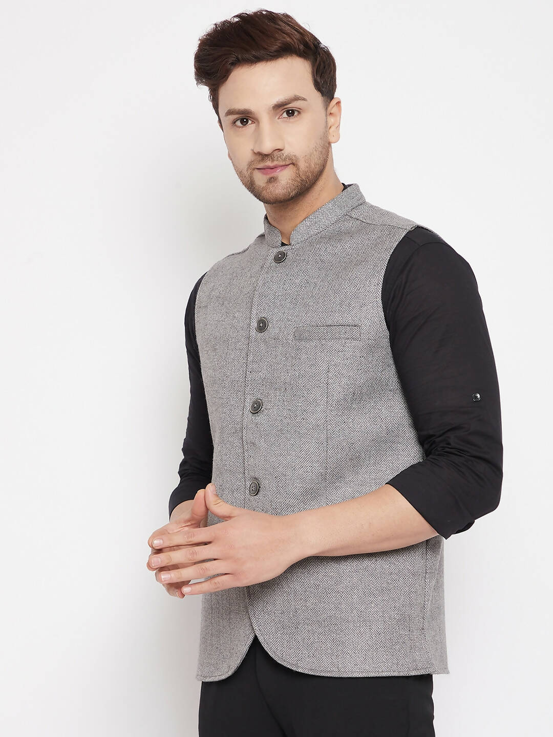 Even Apparels Grey Wool Men Woven Nehru Jacket WL730 | Swadesiicart