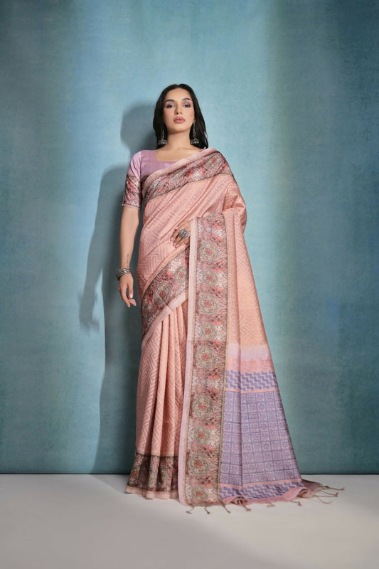 Vishnu Weaves Women's Peach Cotton Silk Zari Woven Saree with Blouse - Swadesiicart