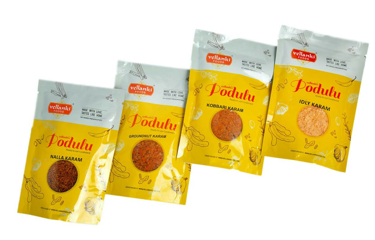 Vellanki Foods Powders 4 Pack Combo (Each 250 gm) - Nalla Karam, Idli Karam, Kobbari Karam, Palli Karam - Swadesiicart