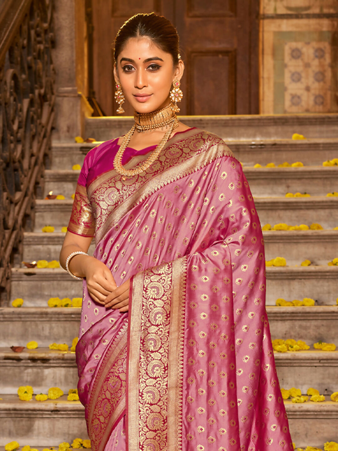 Astita Banarasi Silk Light Pink Saree | Swadesiicart