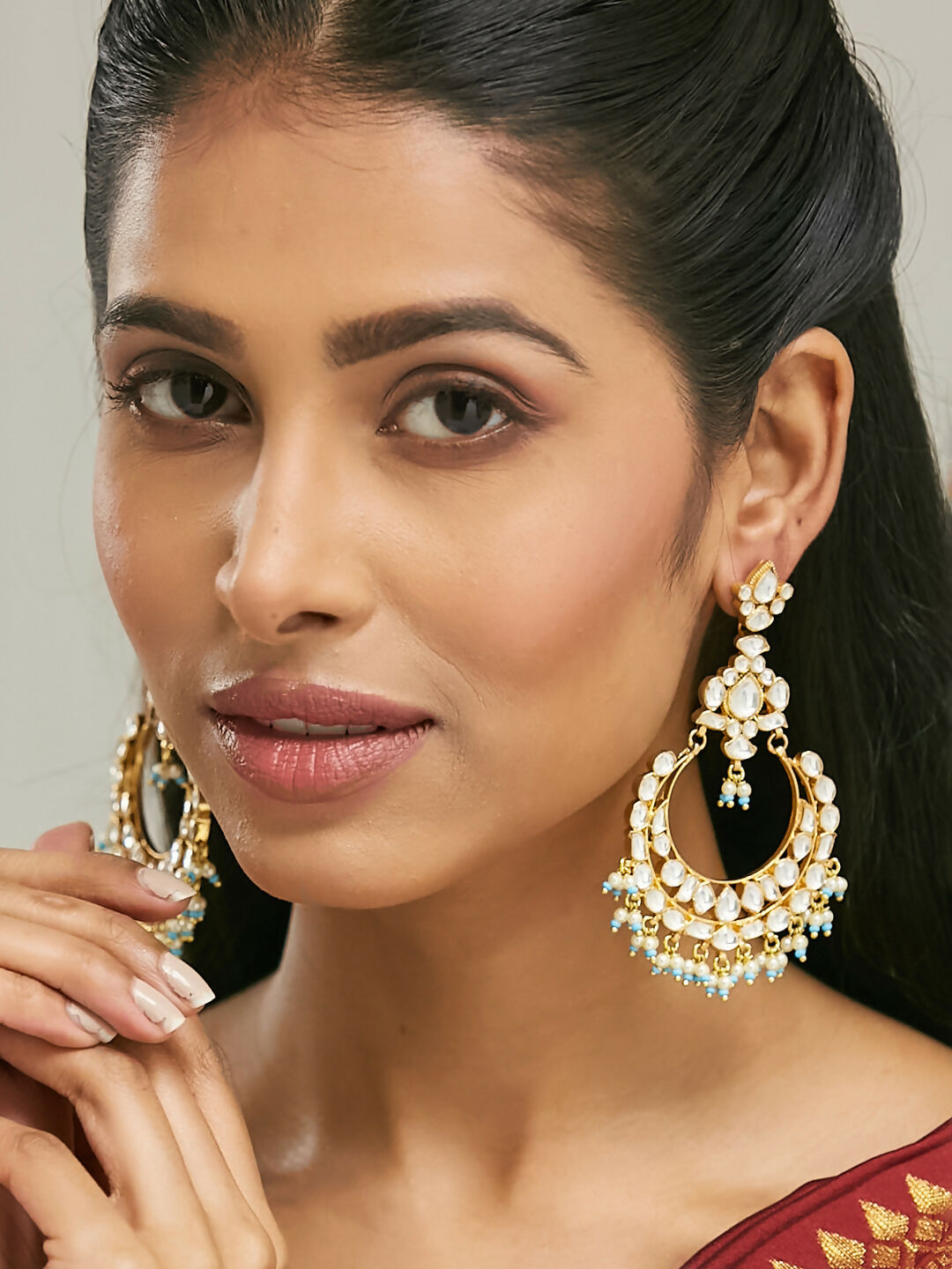 Nuyug 22K Gold-Plated Kundan Stone Studded & Pearl Beaded Chandbalis | Swadesiicart