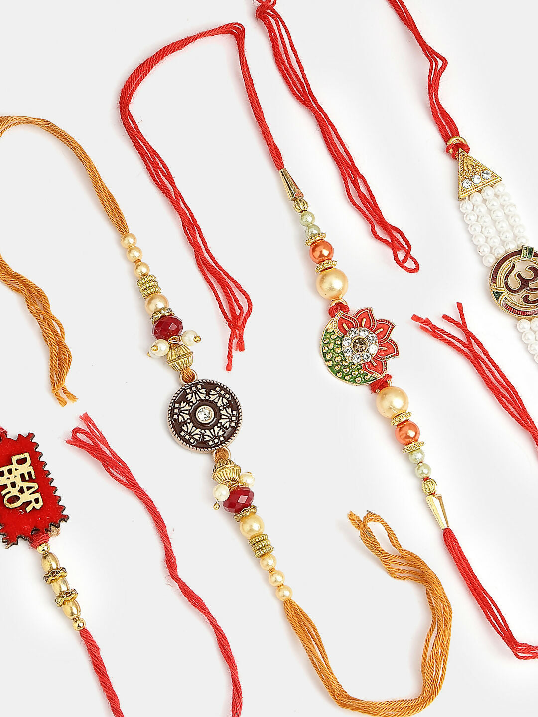 NVR Men Set of 4 Gold-Toned Stone-Studded & Beaded Rakhi With Roli Chawal | Swadesiicart