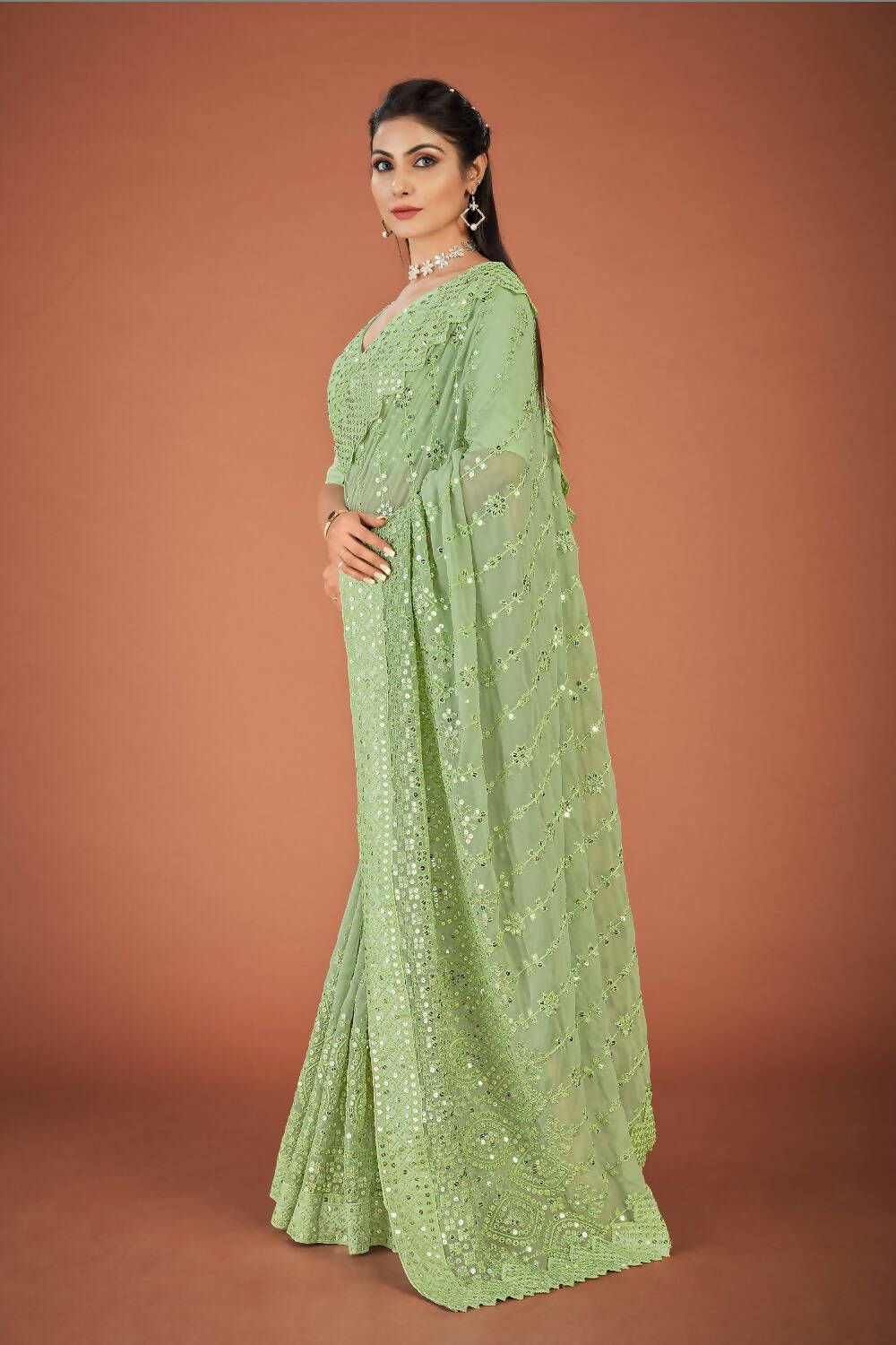 Vamsee Green Georgette Designer Saree - Swadesiicart