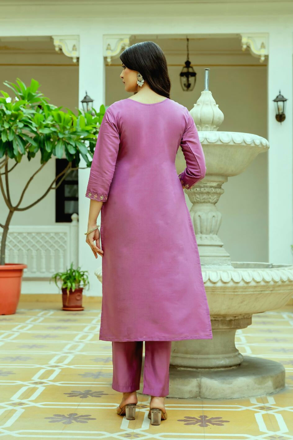 The52 Purple Women's Beautiful Embroidered Viscose Chanderi Silk Fabric with Straight Kurta, Pant and Dupatta Set - Swadesiicart