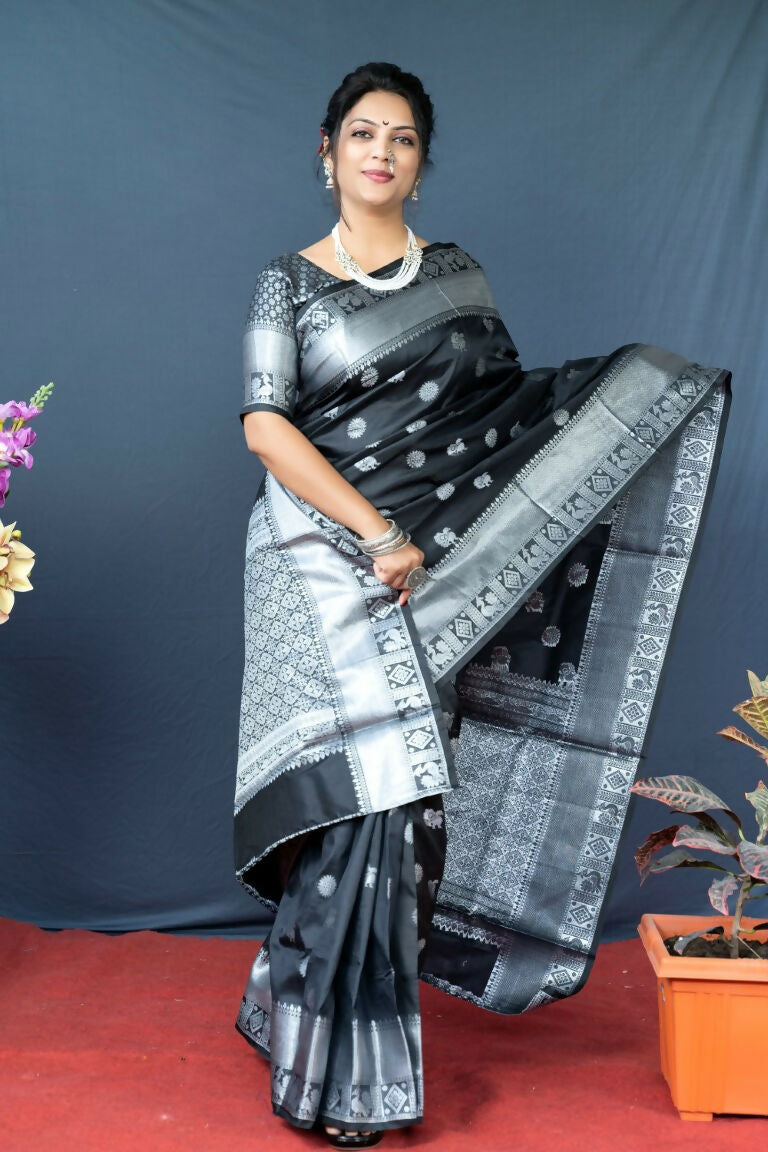 Jyoti Fashion Women's Black Soft Banarasi Silk Zari Woven Saree with Blouse | Swadesiicart