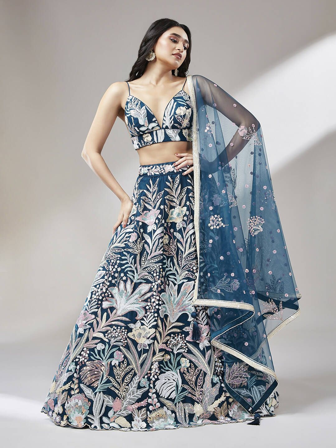 House of Panchhi Navy blue Net Sequinse Work Lehenga & Blouse with Dupatta | Swadesiicart