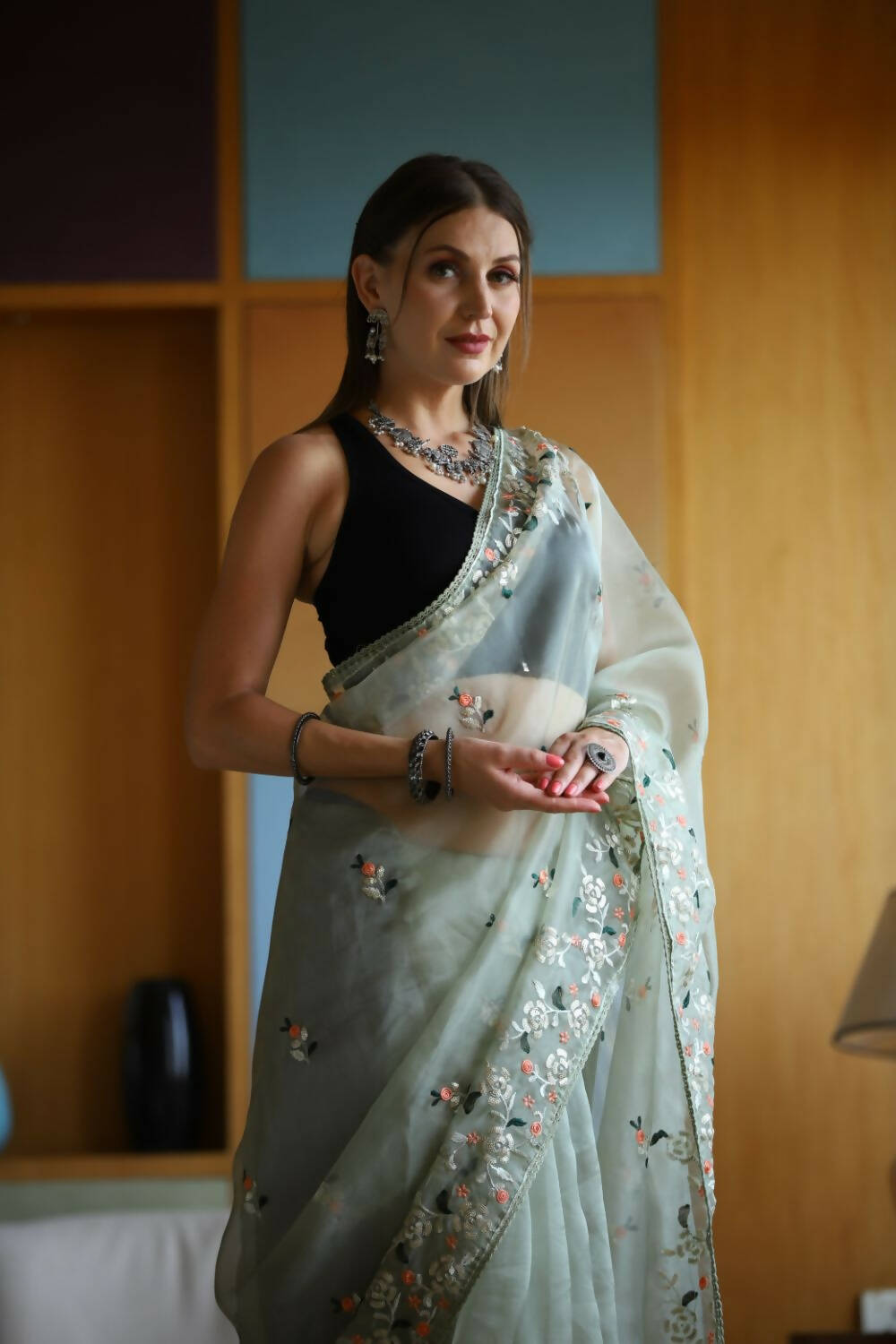 Vamsee Green Organza Saree - Swadesiicart