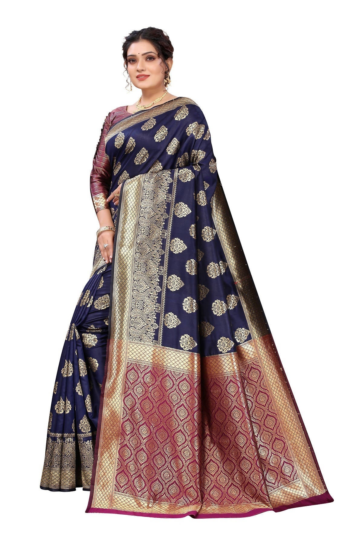 Vamika Ethnic Fire Navy Blue Weaving Banarasi Jacquard Saree | Swadesiicart