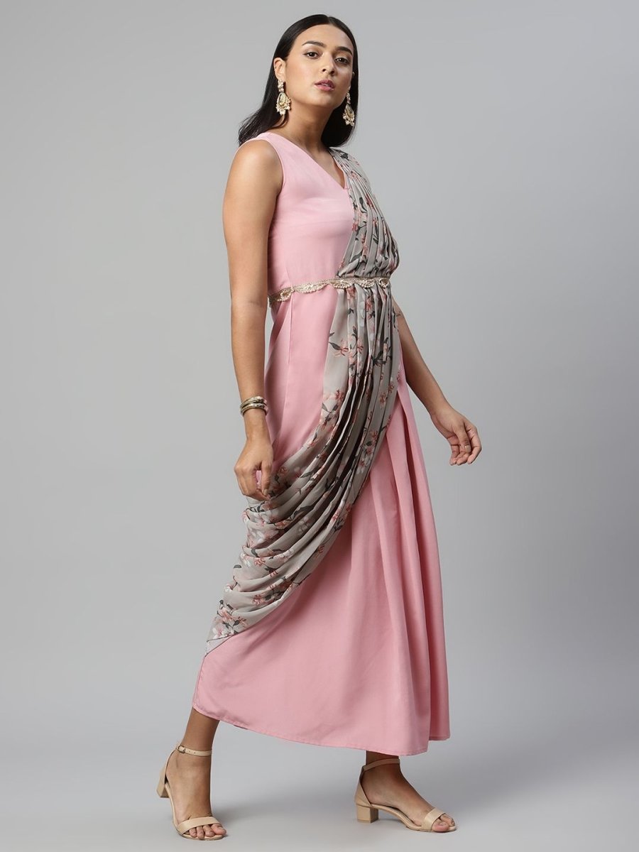 Ahalyaa Women Baby Pink Crepe Georgette Saree Dress With Printed Pallu | Swadesiicart