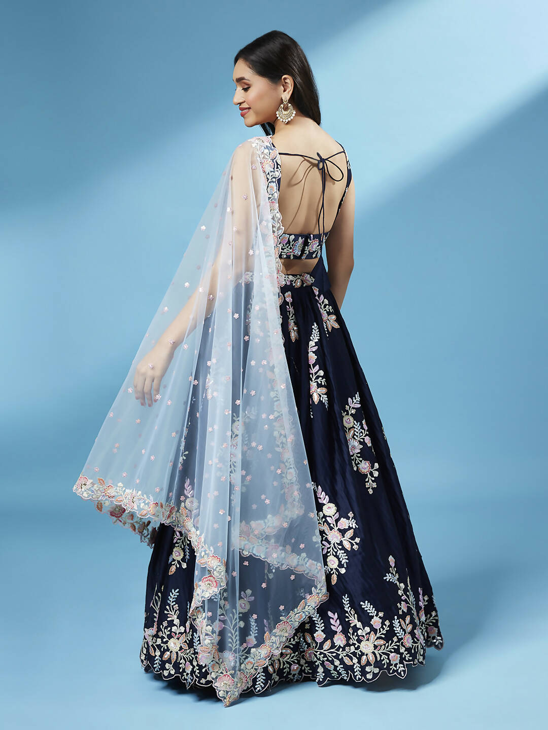 House of Panchhi Navy Blue Pure Georgette Thread & Sequinse Work Lehenga & Blouse, Dupatta | Swadesiicart
