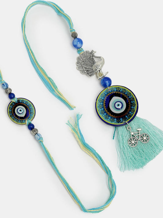 NVR Women & Men Set of 2 Blue Evil Eye & Beaded Bhaiya Bhabi Rakhi With Roli Chawal | Swadesiicart