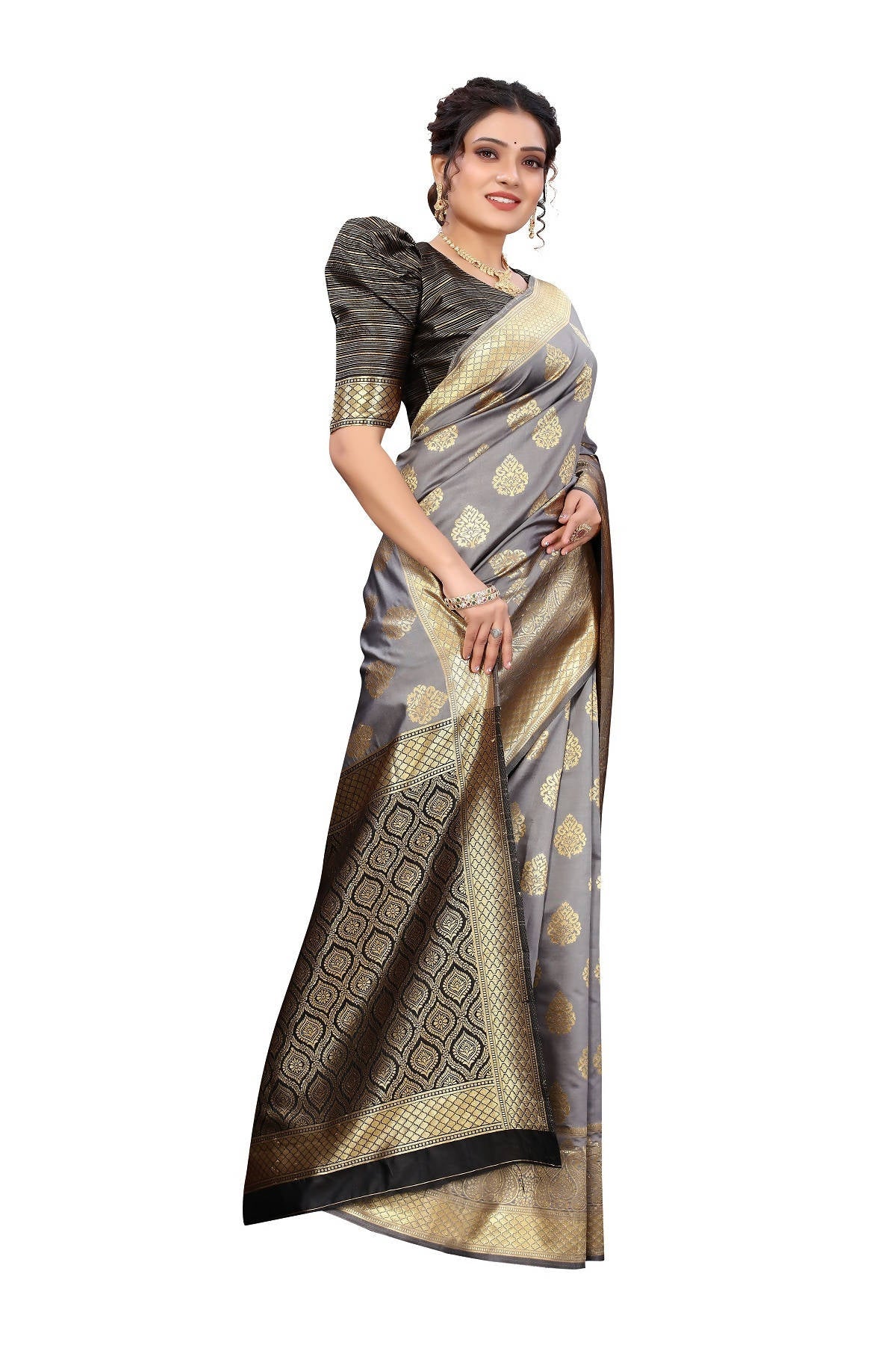 Vamika Ethnic Fire Grey Weaving Banarasi Jacquard Saree | Swadesiicart