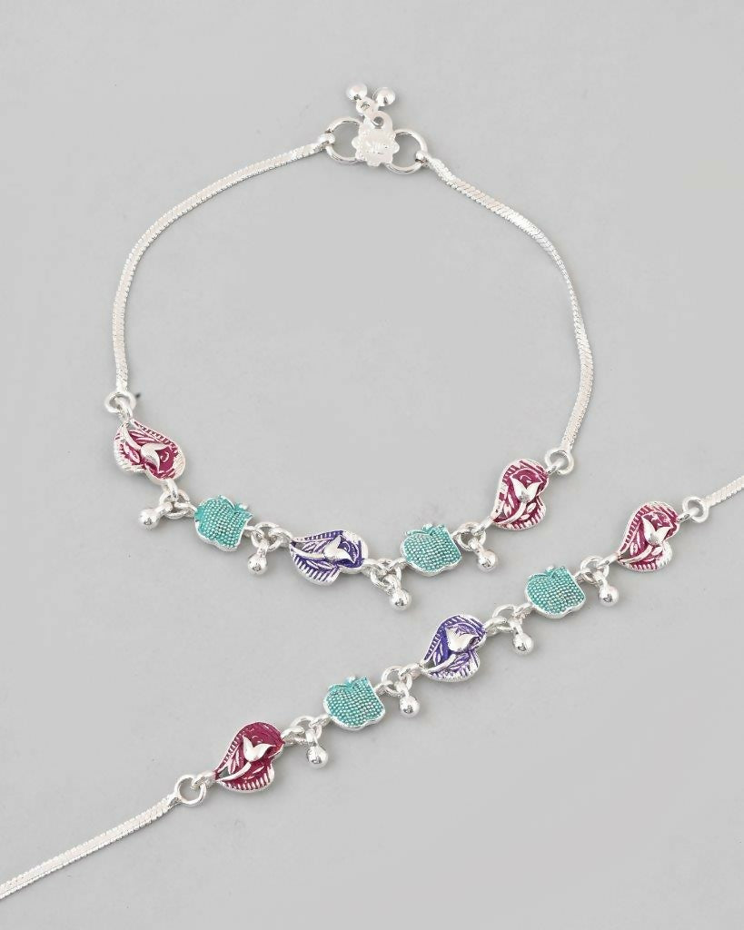 VOJ Set of 2 Silver Plated Designer Multi Color Anklet - Swadesiicart